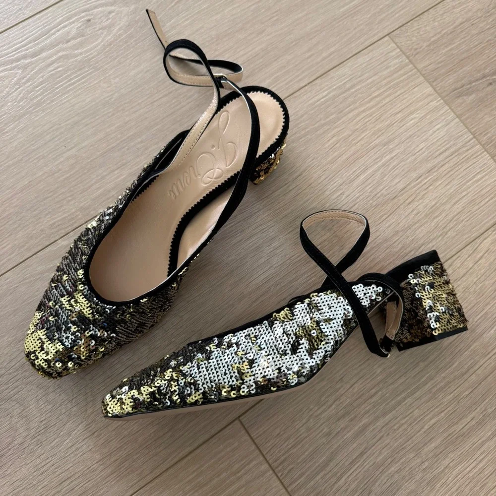 J.Crew Sequin Ankle Strap Pumps Gold Silver Block Heel 8.5 H2647